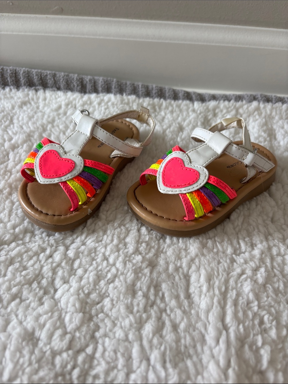 Faded Glory White Sandals with Neon Heart and Rainbow Straps